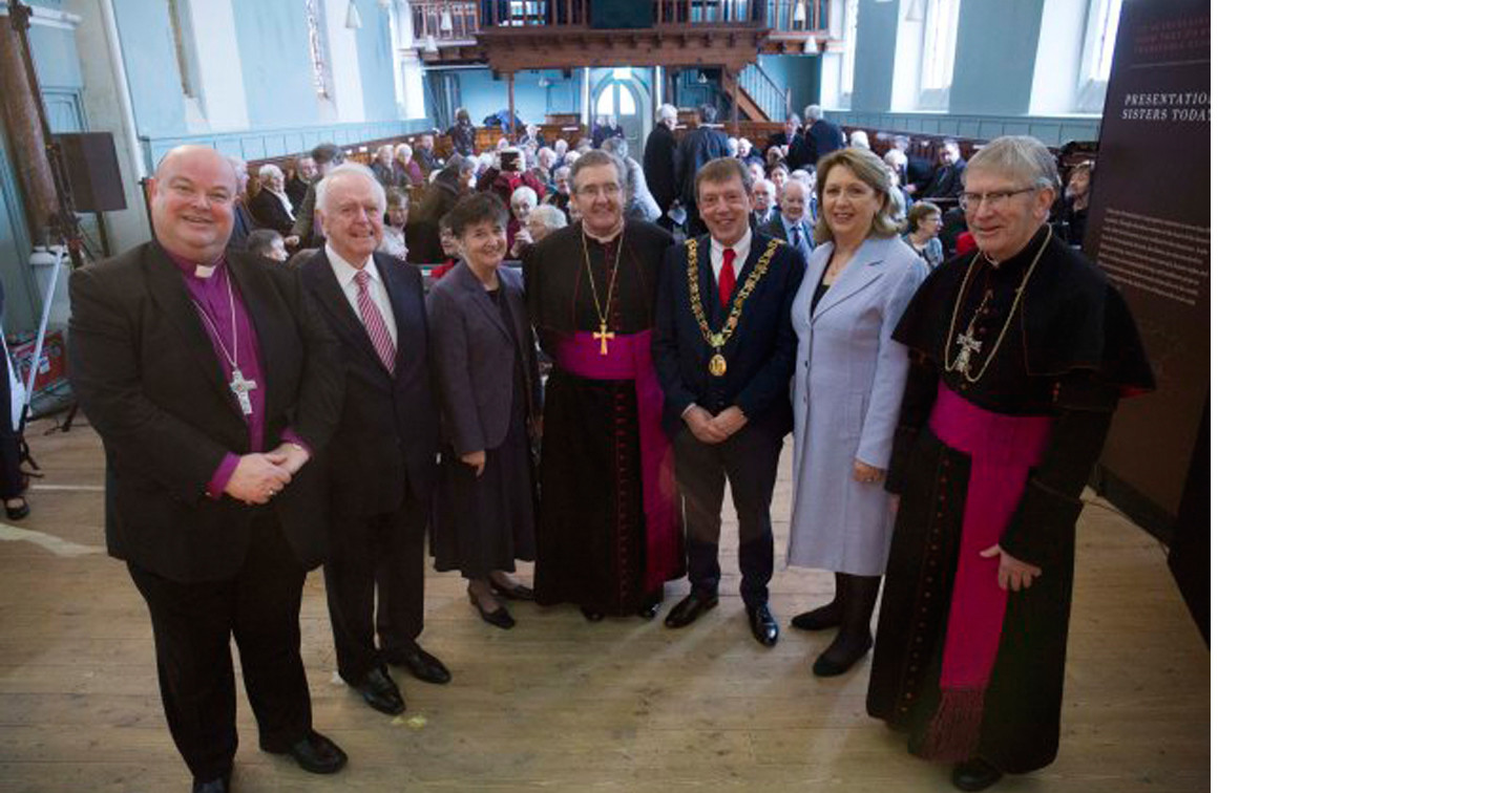 At the official opening of Nano Nagle Place were (left to right) Bishop Paul Colton, Mr Jim Corr (Chairman of the Trust), Sister Mary Deane (Congregational Leader of the Presentation Sisters), Bishop William Crean, Cllr Tony Fitzgerald (Lord Mayor of Cork), Dr Mary McAleese, and Bishop John Buckley.