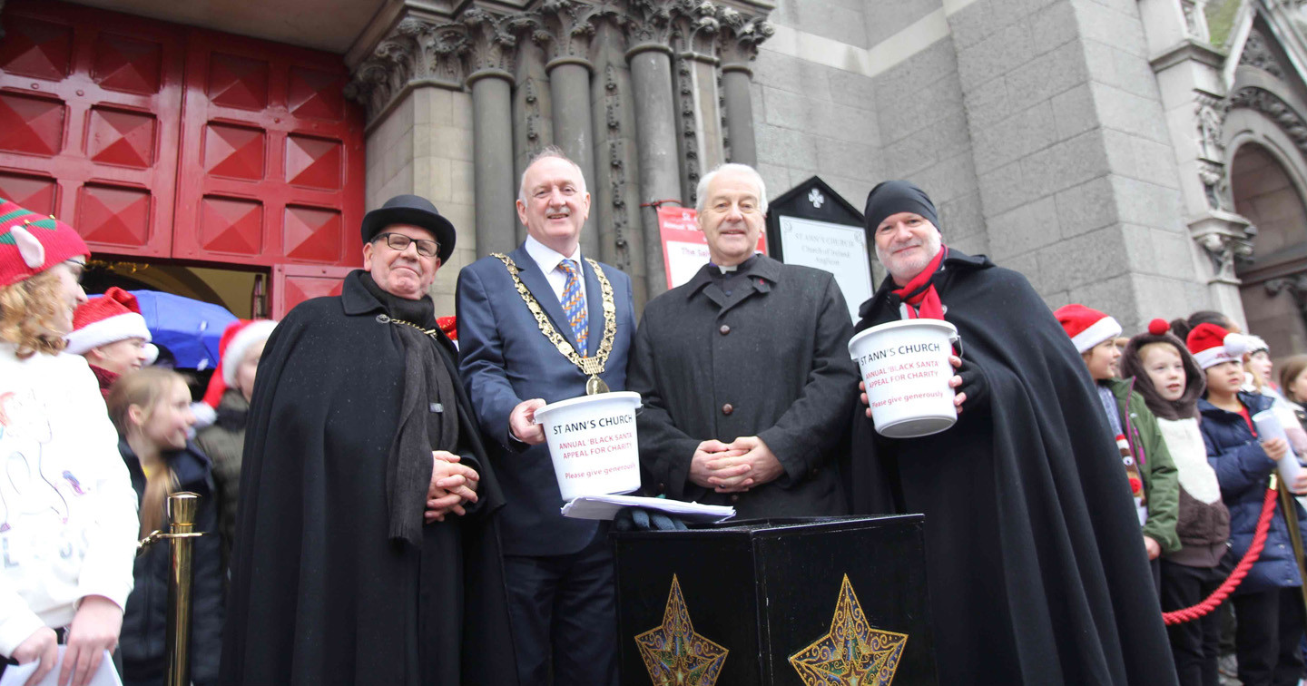 Fred Deane, Lord Mayor Nial Ring, Archbishop Michael Jackson and Canon David Gillespie at the launch of Black Santa 2018 at St Ann’s Church.