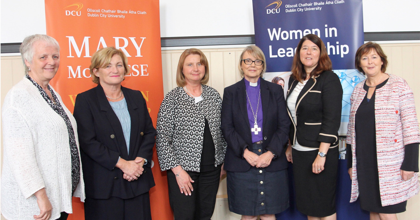 At the DCU Women in Leadership Lecture Series were: Prof Eithne Guilfoyle, Vice President Academic Affairs DCU; Bernie Gray, member of DCU’s governing authority; Marianne Byrnes, Director of HR at DCU; Bishop Pat Storey; Sandra Healy, Head of Diversity and Inclusion at DCU; and Margaret Sweeney, former member of DCU’s governing authority. 