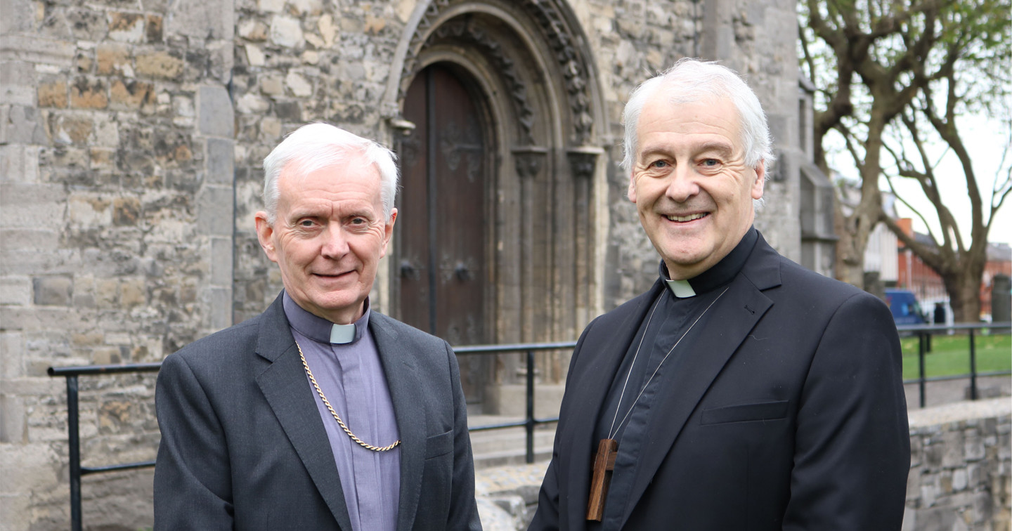 Archbishop Michael Jackson, Church of Ireland Archbishop of Dublin, (right) and Bishop John Fleming, Bishop of Killala and President of the Catholic Historical Society of Ireland, (left) representing Archbishop Diarmuid Martin, at the opening of the Reformation 500 conference at Christ Church Cathedral, Dublin.