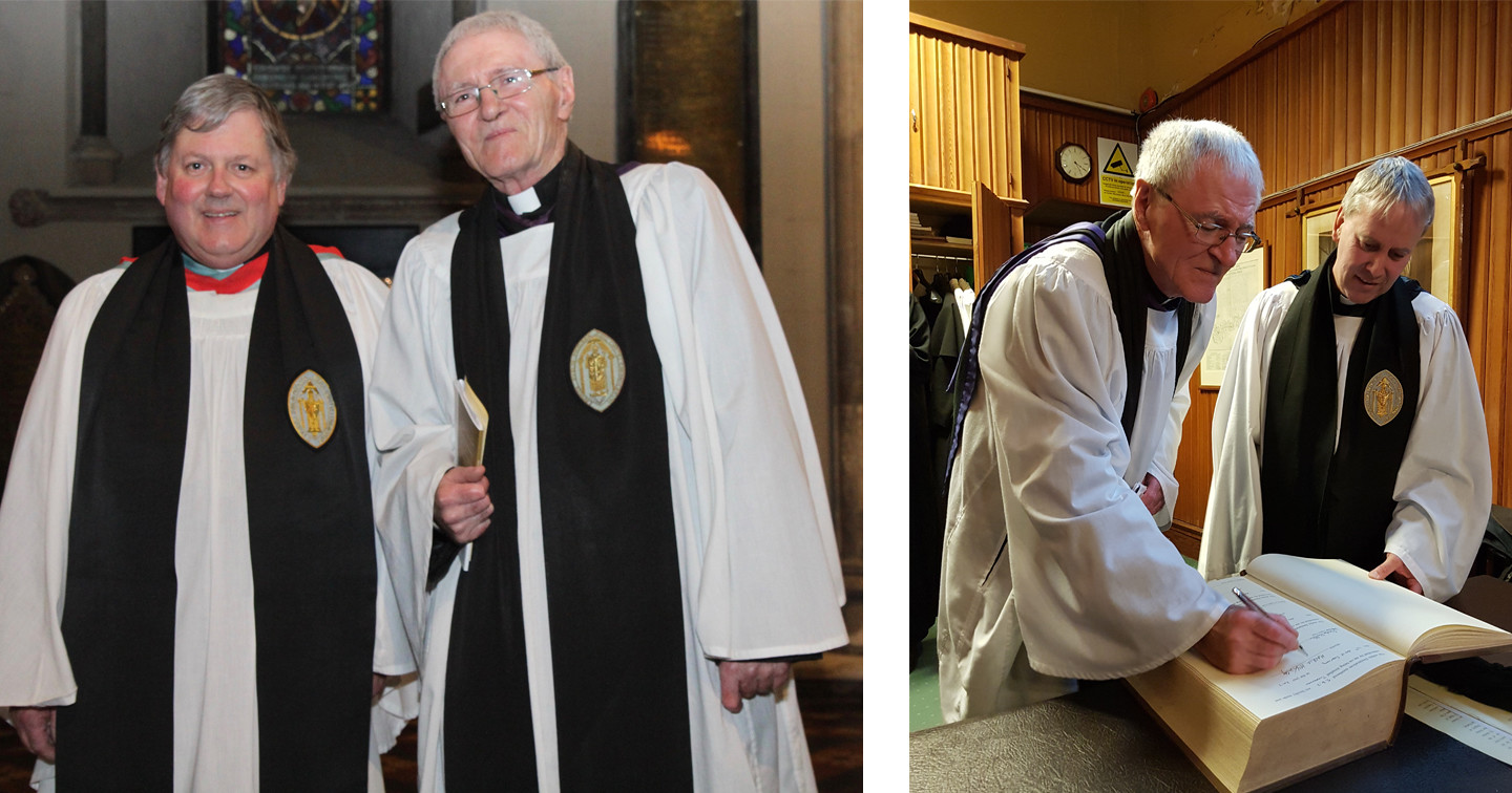Left: Dean William Morton (left) installed Canon Horace McKinley (right) as Canon Treasurer of St Patrick’s Cathedral, Dublin.

Right: Canon Horace McKinley signs the declaration before his Installation as Canon Treasurer of St Patrick’s Cathedral. He is pictured with Canon Charles Mullen. (Photo: Esther West).