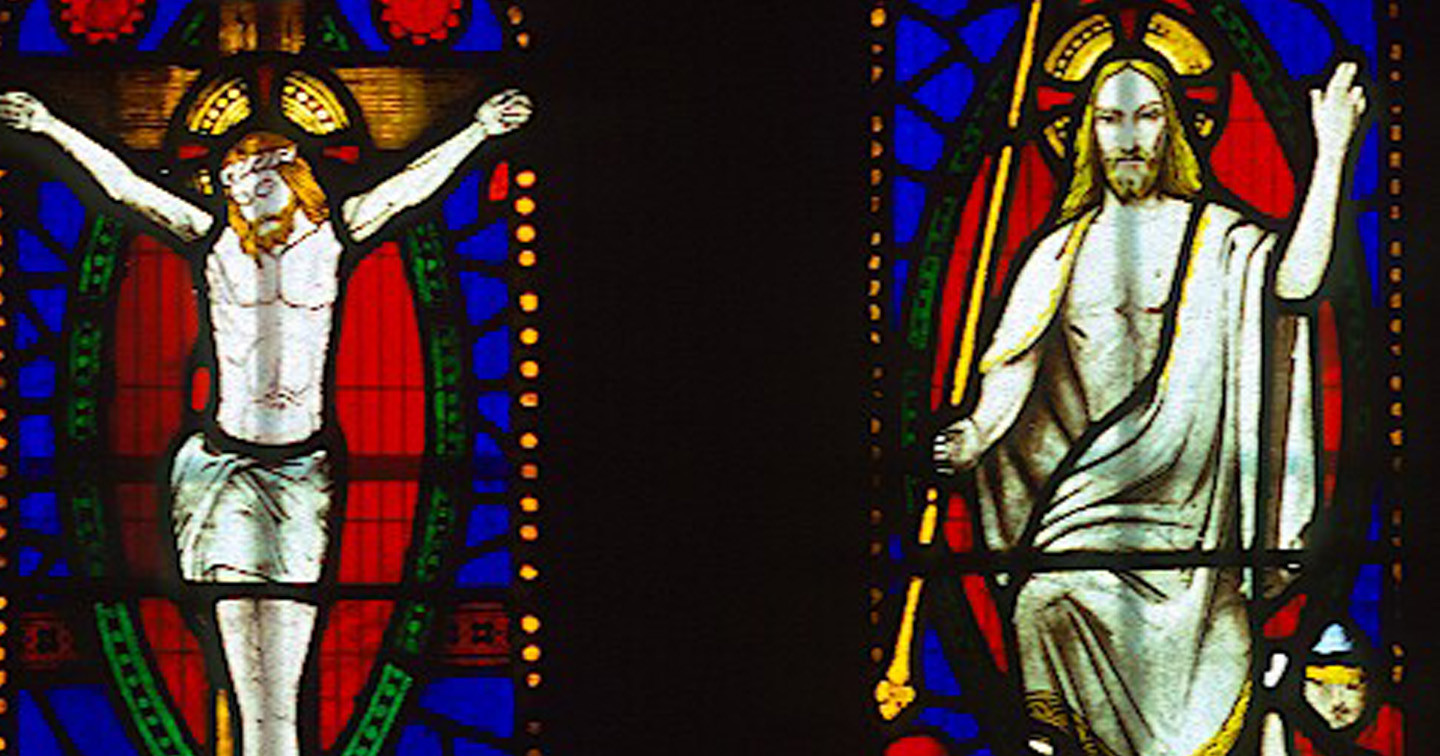 The crucified and risen Jesus, depicted in adjacent windows in St Mary’s Cathedral, Limerick.