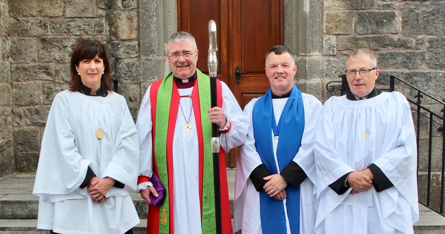 The Bishop of Clogher, the Right Revd John McDowell, with Linda Brunt, Harry Anderson and Joe McAlpine, following the Commissioning Service of new Diocesan Reader and Admission of new Parish Readers in Inishmacsaint Parish Church.