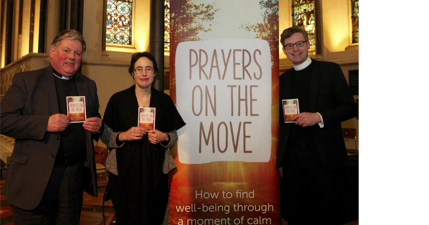 Dean William Morton, Primavera Quantraill of SPCK and Dean Niall Sloane of APCK at the launch of Prayers on the Move in St Patrick’s Cathedral, Dublin.
