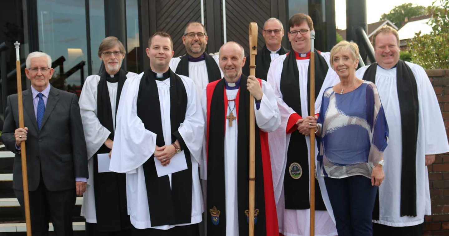 Pictured at the institution of the Revd Peter Jones as Rector of Mossley Parish are, from left: George Madden, People’s Churchwarden; the Rev Clifford Skillen, Bishop’s Chaplain; the Revd Peter Jones; the Ven George Davison, Archdeacon of Belfast; the Bishop of Connor, the Rt Revd Alan Abernethy; Canon William Taggart, Registrar; the Ven Andrew Forster, Archdeacon of Ardboe, preacher; Lorraine Jackson, Rector’s Churchwarden, and the Revd David Lockhart, Rural Dean.