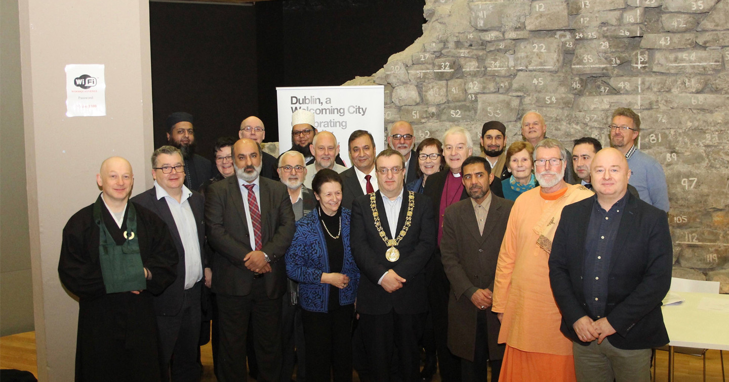 Members of Dublin City Interfaith Forum with the Lord Mayor Mícheál MacDonncha and Archbishop Michael Jackson at the launch of the Five Marks of Interfaith Understanding in Dublin’s Wood Quay Venue.