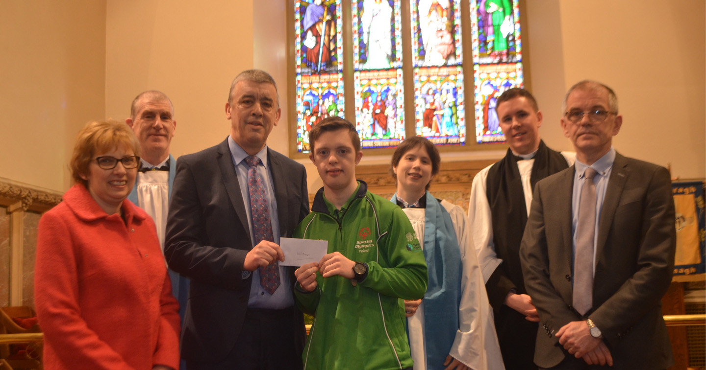 Left to right: Laura Mitchell (Lee’s mother), Paddy Quinn (diocesan reader), Nigel Strain (parish treasurer), Lee Mitchell (Special Olympian), Claire Henderson (diocesan reader), the Rev Sean Hanily and David Mitchell (Lee’s father).