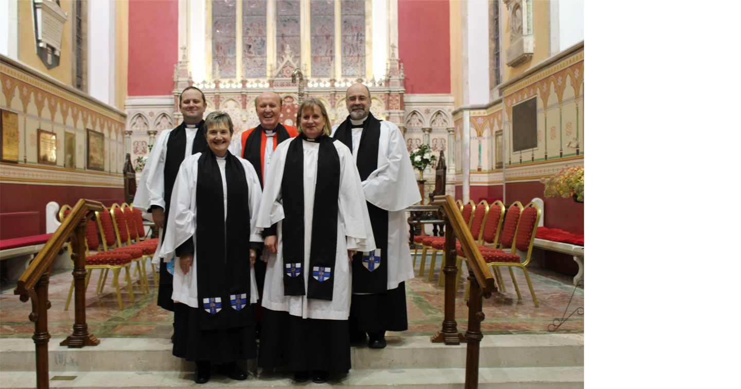 Back row (left to right): The Venerable Craig McCauley, Bishop Ferran Glenfield, Dean Nigel Crossey. Front row: Canon Hazel Hicks (left) and Canon Ali Calvin.
