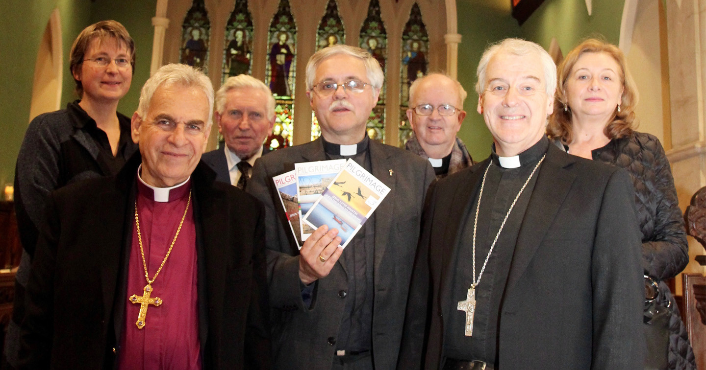 Author of ‘Pilgrimage’, the Revd Ken Rue (centre) with Archbishop Suheil Dawani (left) and Archbishop Michael Jackson (right), Dr Susan Hood and Dr Kenneth Milne of Church of Ireland Publications, and Fr Donal Neary and Paula Nolan of Messenger Publications. 