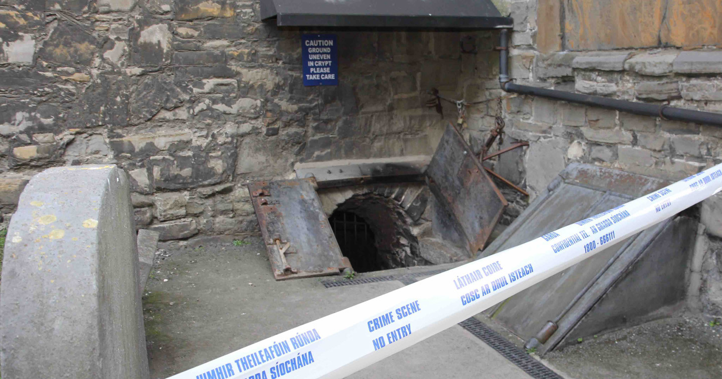The entrance to the crypt of St Michan’s Church is sealed off following the weekend desecration.
