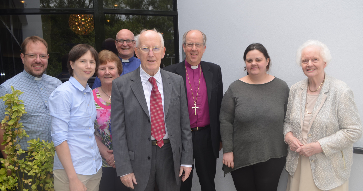 Left to right: The Rev Adam Pullen, Claire Henderson, Sylvia Donnell, Canon Paul Hoey, Albert Smallwoods, Bishop Ken Good, Joanne Miller and Vivian Smallwoods. 