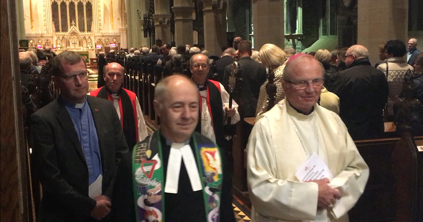 Left to right: the Rev Lindsay Blair, Bishop Ferran Glenfield (preacher), the Rev Peter Murray, Bishop Ken Good and Bishop Donal McKeown process from St Columb’s Cathedral after the Diocese of Derry and Raphoe’s Reformation Thanksgiving Service.