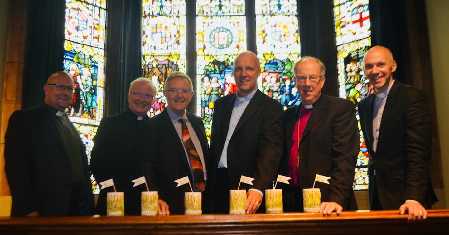 Left to right: The Rev Richard Johnston, Dr Donal McKeown, Ivor Ferguson (UFU President), the Rev Dr Laurence Graham, Bishop Ken Good, and the Rev Paul Linkens at the Ulster Farmers’ Union Centenary Service in Londonderry Guildhall.