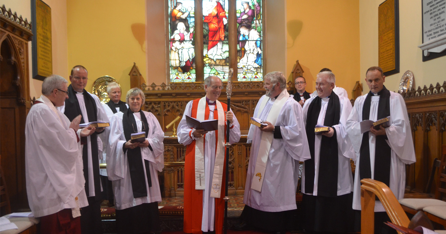 The Bishop of Derry and Raphoe, the Rt Rev Ken Good (centre) with (l–r) the Very Rev Raymond Stewart (Dean of Derry), the Rev Nigel Cairns, the Rev Carmen Hayes (Bishop’s Chaplain) the Rev Liz Fitzgerald, the Rev Robert Wray, the Ven David Huss (Archdeacon of Raphoe), the Rev Jonathan McFarland and the Rev Rhys Jones.
