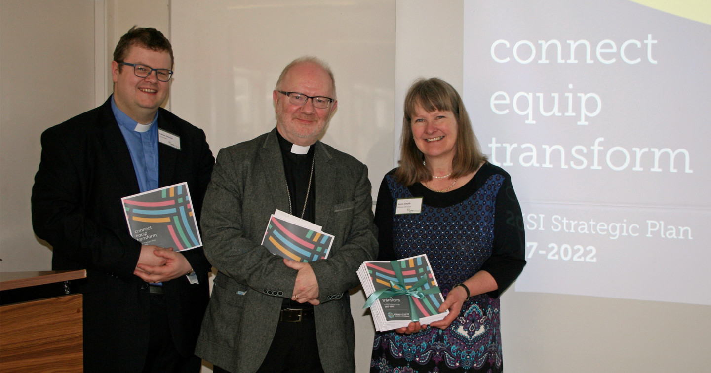 Archbishop Clarke with the Revd Adrian Dorrian (CMSI President) and Jenny Smyth (CMSI Mission Director) at the CMS Ireland ‘Shine’ event in 2017. Photo (c) CMS Ireland