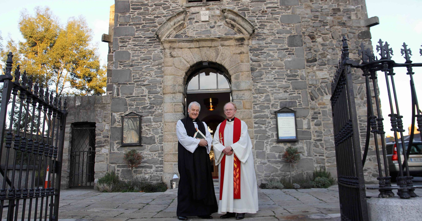 Archbishop Michael Jackson and the Revd John Marchant outside the newly reopened doors of St Matthew’s Church, Irishtown.
