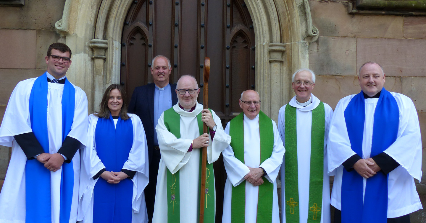 Left to right: Rodney Blair, Valerie Newell, the Revd Gary Galway (Rector of Drumcree), Archbishop Richard Clarke, Canon Michael Kennedy (Warden of Readers), Dean Gregory Dunstan and Edwin McCambley.