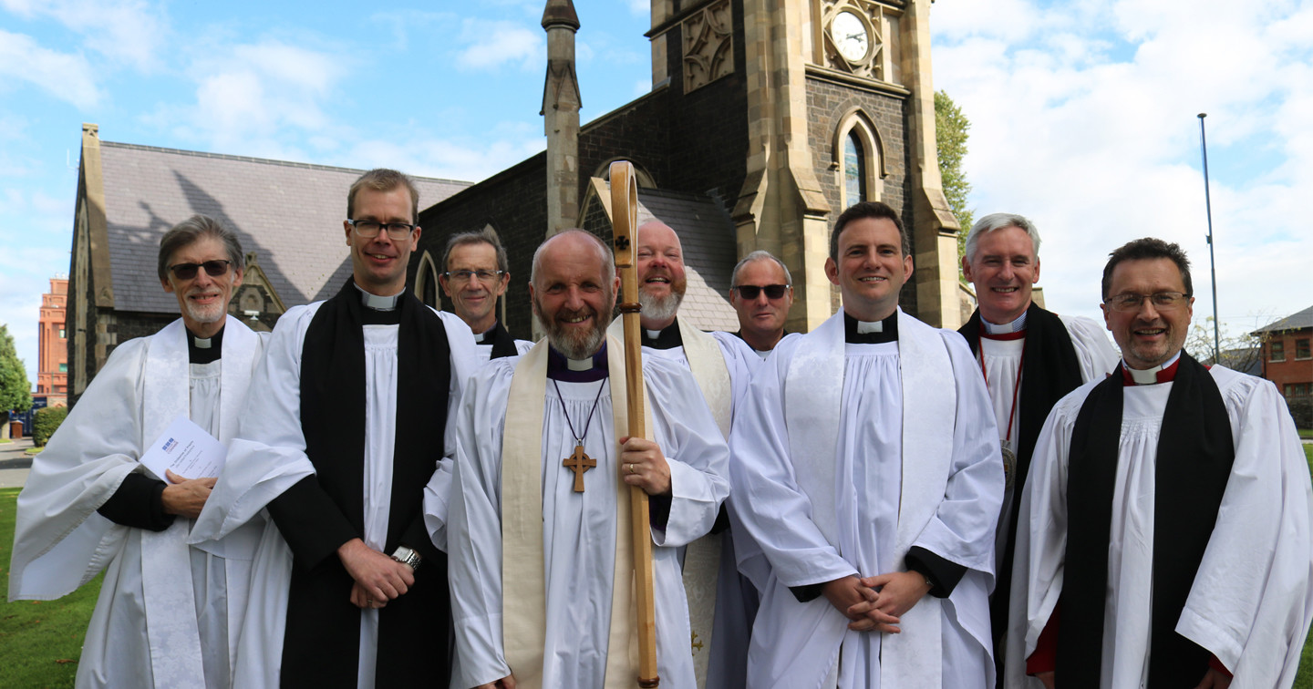 At the Ordination of Priests for Connor Diocese in Christ Church, Lisburn, on September 9 are, from left: the Rev Clifford Skillen, Bishop’s Chaplain; the Rev Derek Harrington, ordained for Parish of Christ Church, Lisburn; the Rev John Rutter, Rural Dean, who preached; the Bishop of Connor, the Rt Rev Alan Abernethy; the Rev William Jeffrey, ordained for the Parish of St Mark, Ballymacash; the Rev Canon William Taggart, Registrar; the Rev Ian Mills, ordained for the Grouped Parishes of Larne and Inver with Glynn and Raloo; the Very Rev Sam Wright, Dean of Connor; and the Ven Paul Dundas, Archdeacon of Dalriada and rector of Christ Church, Lisburn.