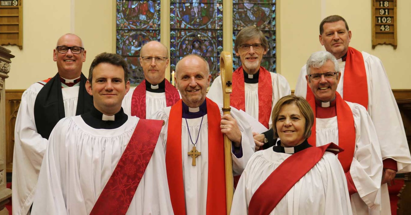 At the service of ordination of Deacons at All Saints’ Parish Church, Antrim, Diocese of Connor, on August 24, are, from left: Archdeacon Stephen McBride, Ian Mills, the Revd Stephen Fielding (Rector of Agherton), Bishop Alan Abernethy, the Revd Clifford Skillen (Bishop’s Chaplain), Heather Cooke, Archdeacon Stephen Forde, Canon James Carson (Minister in Charge, Church of Ireland Lower Shankill).
