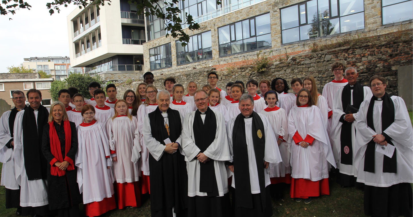 The Choir of the King’s Hospital School and director Helen Roycroft are pictured with the clergy – Archbishop Michael Jackson, the Revd Barry Forde, Dean William Morton (centre), the Revd Alan Rufli and Canon Peter Campion (left) and Archdeacon David Pierpoint and the Revd Ross Styles (right).