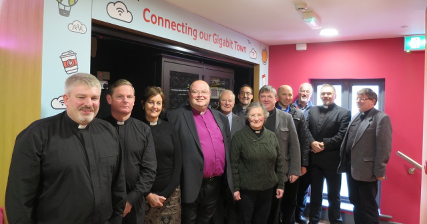 Bishop Paul Colton and the clergy of the rural deaneries of West Cork and Mid West Cork on their tour of the Ludgate Hub.