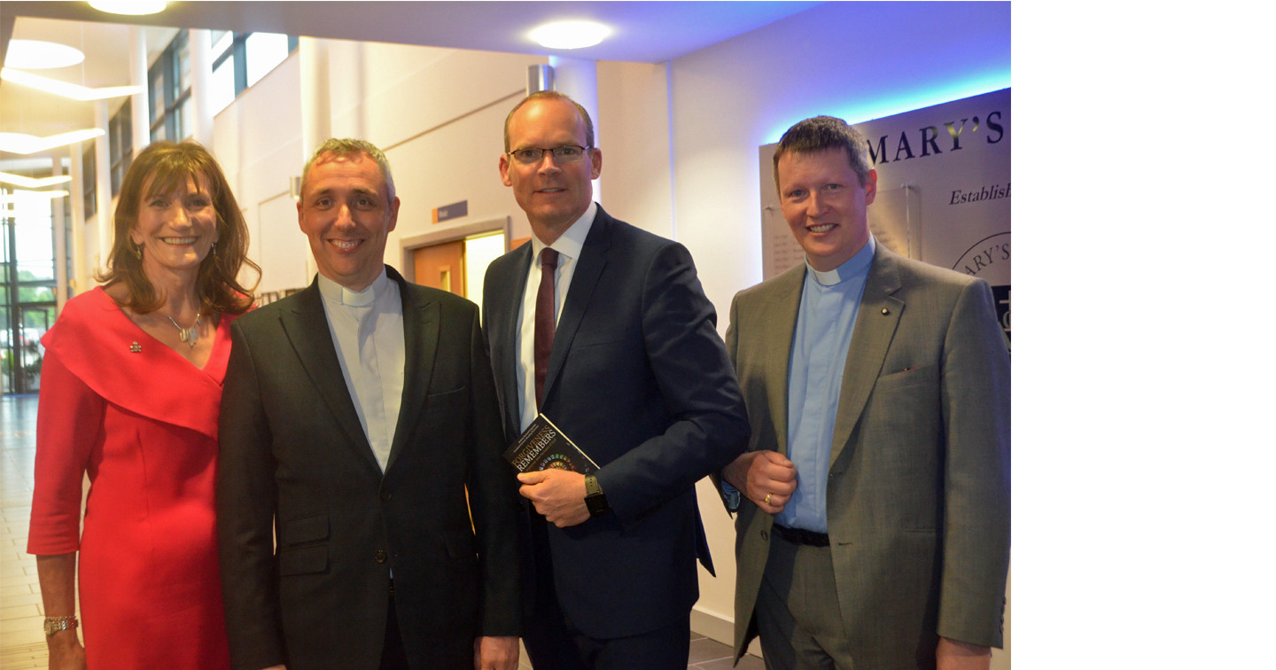 Left to right: Mrs Marie Lindsay (Principal, St Mary’s College), Fr Paul Farren, Mr Simon Coveney, T.D. (Minister for Foreign Affairs in the Irish Republic) and Archdeacon Robert Miller at the launch of ‘Forgiveness Remembers’ in St Mary’s College.