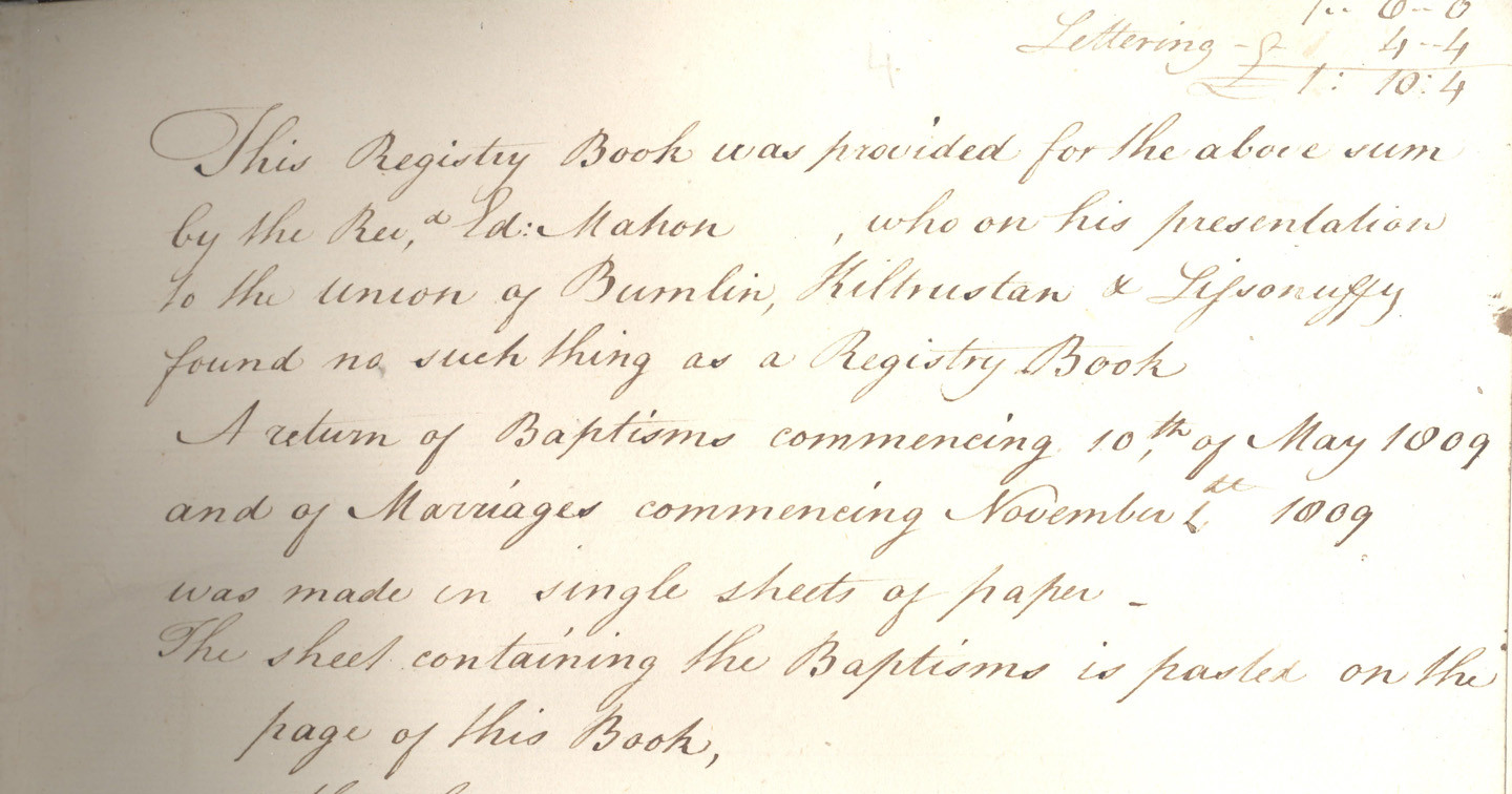 Annotation on the first page of the earliest Bumlin combined register reveals its provenance thanks to the purchase of a new registry book by the rector, the Revd Edward Mahon, in 1811. RCB Library P737.1.1
