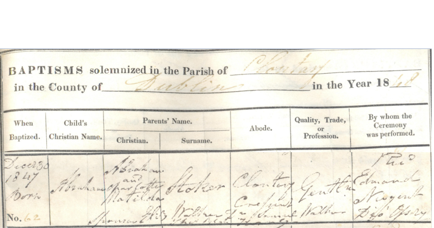 Baptismal entry for Abraham [‘Bram’] Stoker as recorded in the Clontarf baptismal register [RCB Library P833.1.2] reproduced here with the permission of the National Archives of Ireland.