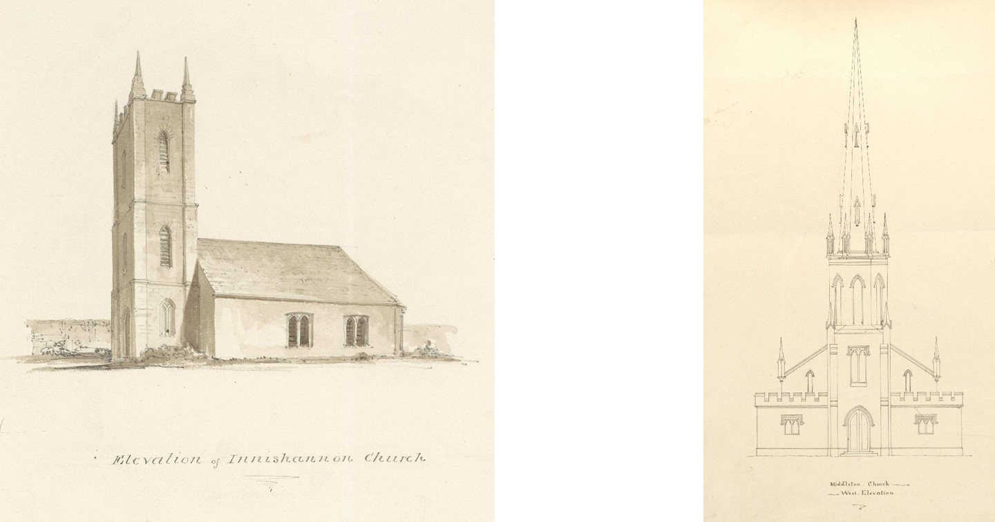 Left: West elevation of Middleton parish church (Cloyne), c. 1820–1840, by James Pain, RCB Library Ms 138/2.55. Right: South–west elevation of Innishannon parish church (Cork), mid–19th century, by Joseph Welland, RCB Library Ms 139/4.1.
