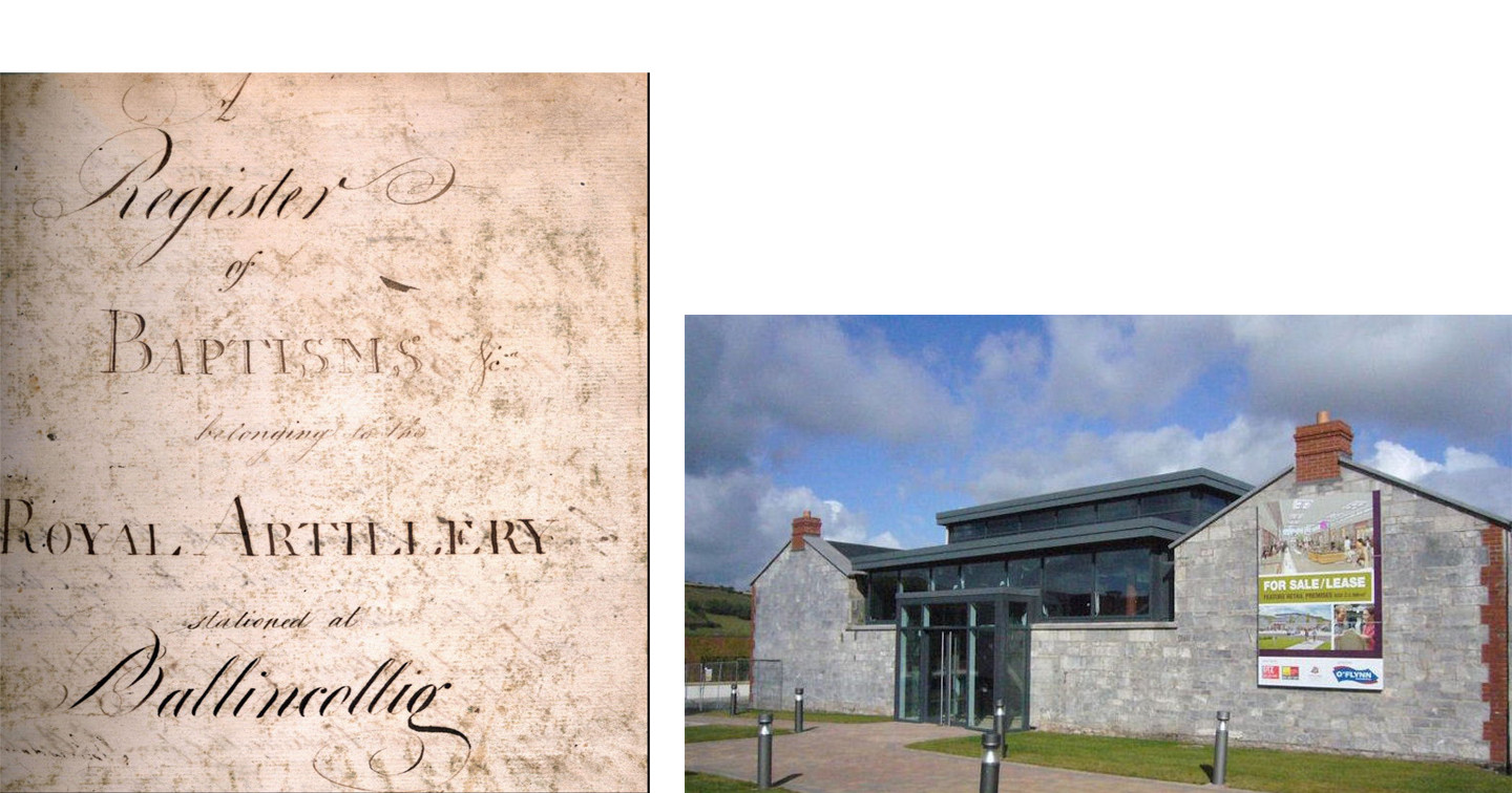 Left: Title page from the Ballincollig Garrison Church combined register of baptisms 1810–1864; marriages 1823–1842 and burials 1813–1882.  RCB Library P695.1.1.

Right: This building will soon become the new parish centre for Carrigrohane Union of Parishes having been an old British Army officers’ stables which later became the gun store for the Irish Defence Forces.  Image reproduced courtesy of Margaret Jordan, Ballincollig Heritage.
