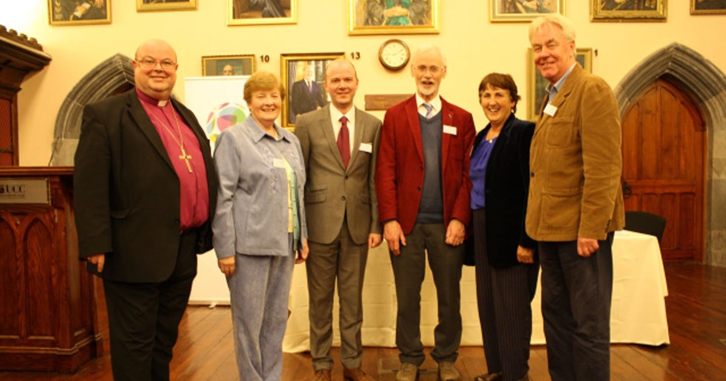 At the launch, in Aula Maxima, UCC, of Cork’s first Educate Together Secondary School were (l–r) Dr Paul Colton, Bishop of Cork; Sister Jenny Clifford (Roman Catholic Church), Colm O’Connor (School Principal), the Reverend John Faris (Presbyterian Church in Ireland), Sabina Nagle (Bahai) and Brian Whiteside (Humanist Association of Ireland).