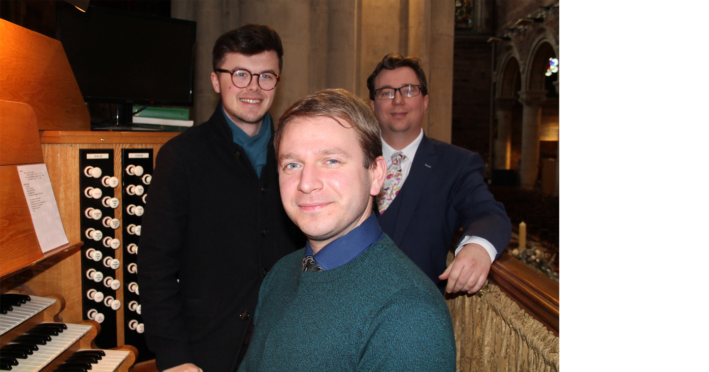 Dr Ed Jones, Assistant Organist at Belfast Cathedral, with Jack Wilson, Organ Scholar, left, and David Stevens, Master of the Choristers.