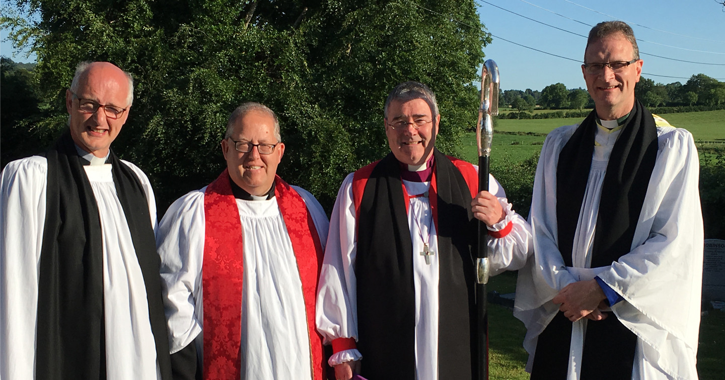 The Revd Johnny McLoughlin (second left), who was instituted Rector of Aghavea Parish on Friday, 29th June, with (from left), the Revd Robert Boyd, who preached the sermon; the Bishop of Clogher, the Right Revd John McDowell; and the Dean of Clogher, the Very Revd Kenneth Hall.