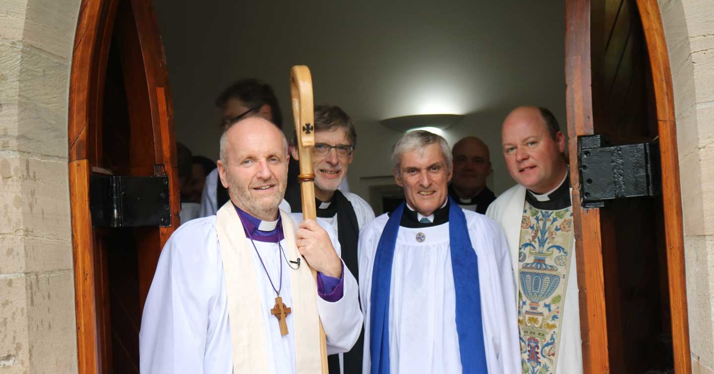Ahead of the service of rededication and thanksgiving at St Colman’s, Durnmurry, are, from left: Bishop Alan Abernethy; the Rev Clifford Skillen, Bishop’s Chaplain; Mr John Williams, Diocesan Lay Reader and Hon Secretary of Dunmurry Parish, who preached; and the Rev Adrian McLaughlin, rector, St Colman’s.