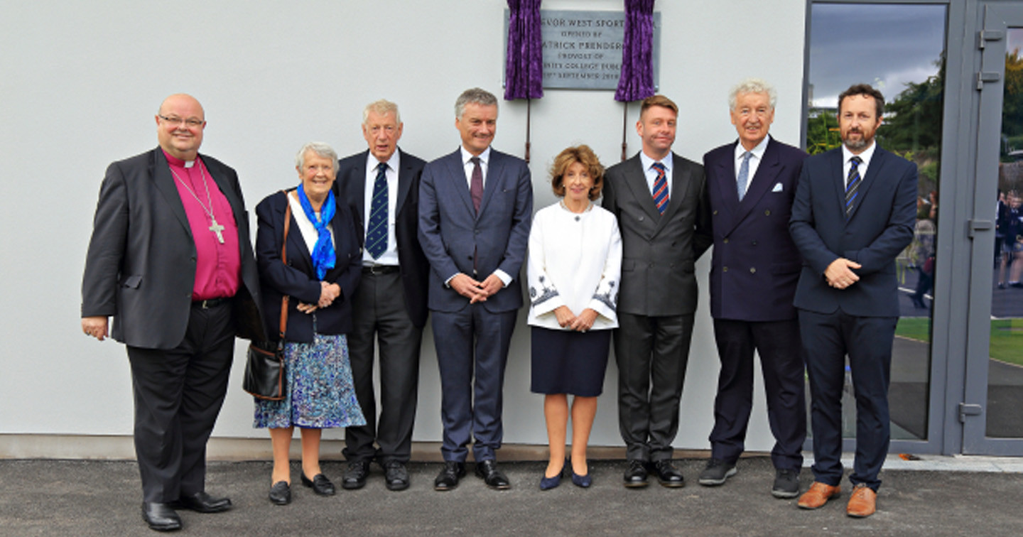 At the official opening of the Trevor West Sports Hall at Midleton College were (left to right) the Bishop of Cork, Dr Paul Colton, the Revd Cecily West, John West, Mrs Maura Lee West, Ian Mulvihill, Lord Donoughue, Dr Edward Gash (Principal).  Photo credit: Erich Stack Photography.