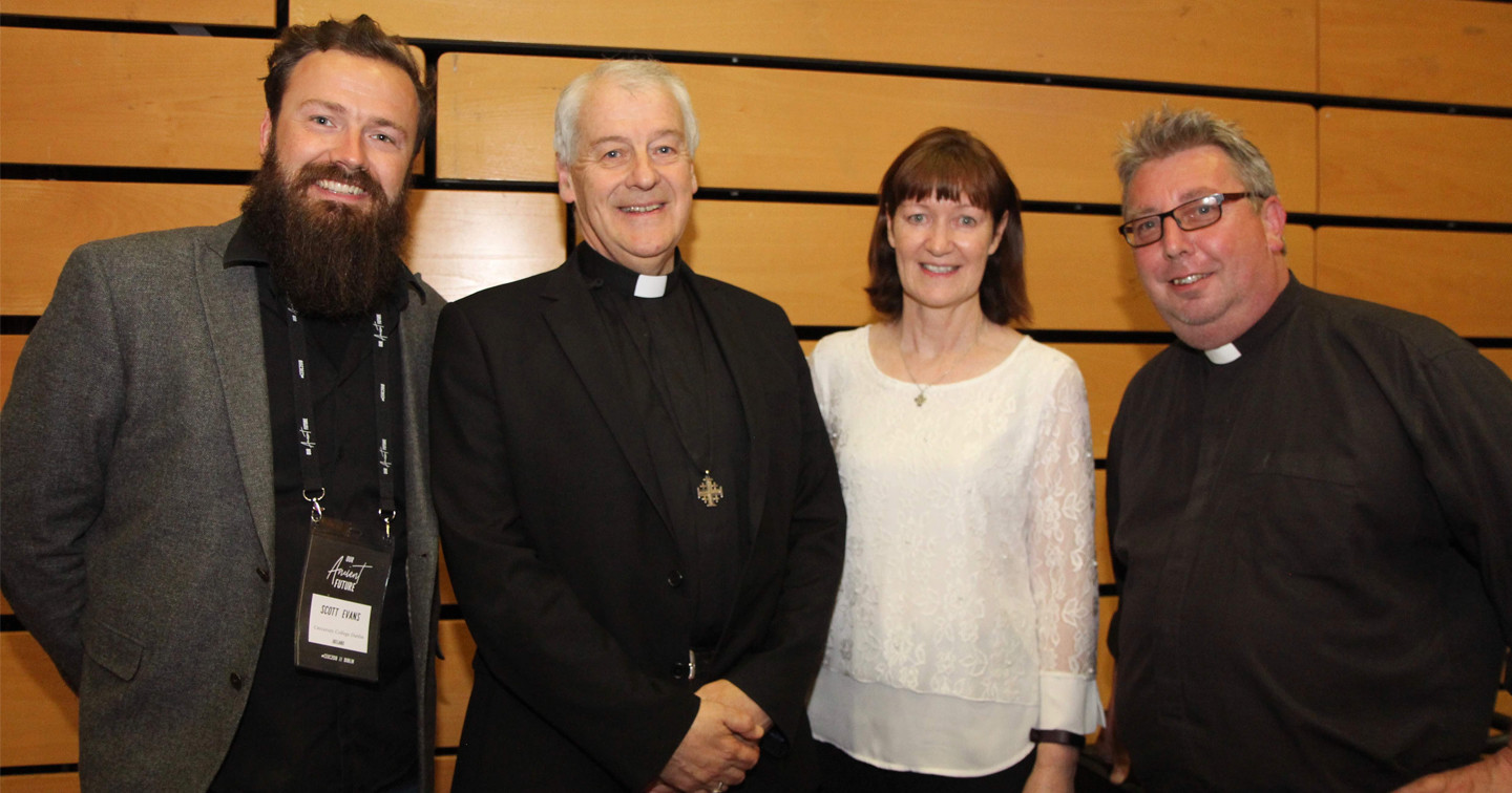 The CEUC2018 organising team with the Archbishop of Dublin: Scott Evans, chaplain at UCD; Archbishop Michael Jackson; Sr Bernadette Purcell, chaplain at IT Tallaght; and the Revd Steve Brunn, chaplain at TCD.
