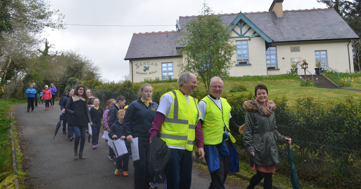 Pupils from Gartan National School in Donegal accompany Bishop Ken Good and Bishop Donal McKeown during the first leg of their pilgrimage from Gartan to Derry–Londonderry.