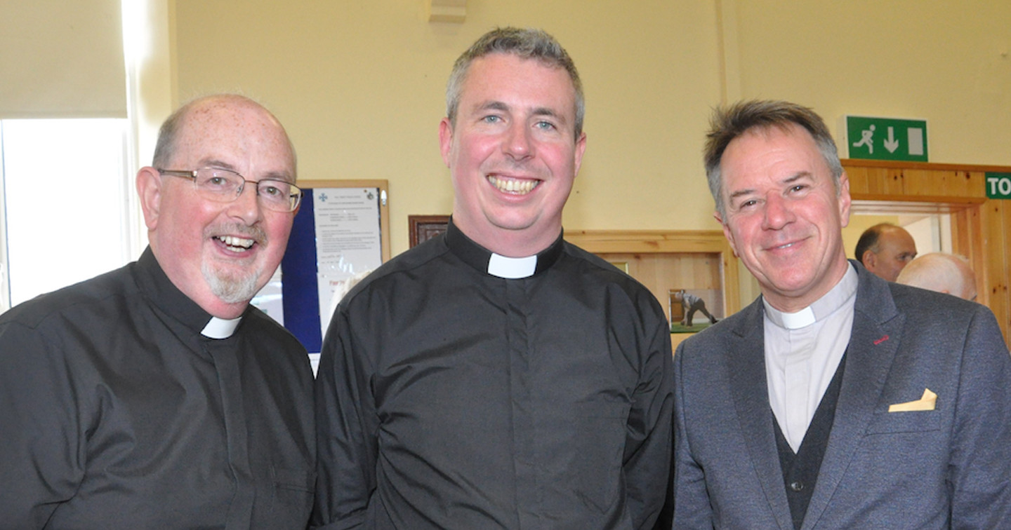 The Rev David MacDonnell (centre) with Fr Martin Doohan and the Rev Andrew Watson. Photo: Moses Alcorn.