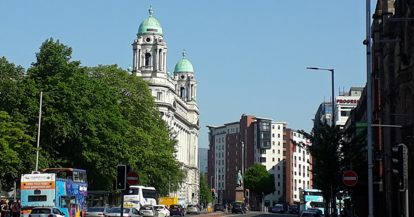 A green street scene, College Square, Belfast.