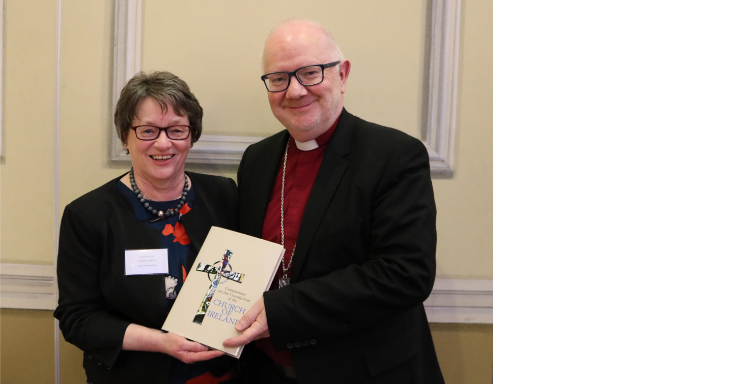 Mrs Ethne Harkness, who helped to produce the Commentary on the Constitution of the Church of Ireland, pictured with Archbishop Richard Clarke following its launch at the General Synod.