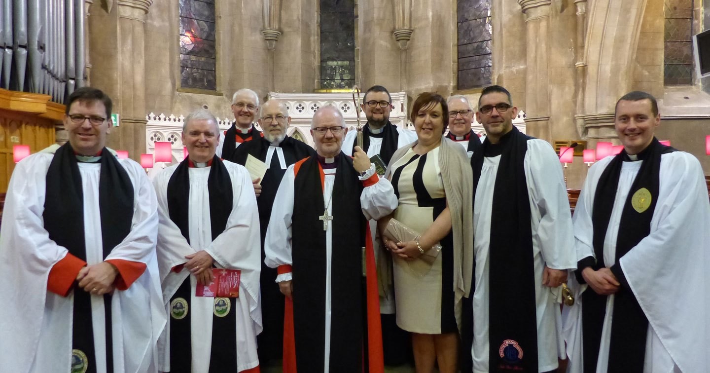 Pictured (left to right): Archdeacon Andrew Forster, Archdeacon Terry Scott, Dean Gregory Dunstan, Canon Colin Moore, Archbishop Richard Clarke, Revd Peter Munce (preacher at the service), Helen Orr, Canon Bill Adair, William Orr and Canon Shane Forster.