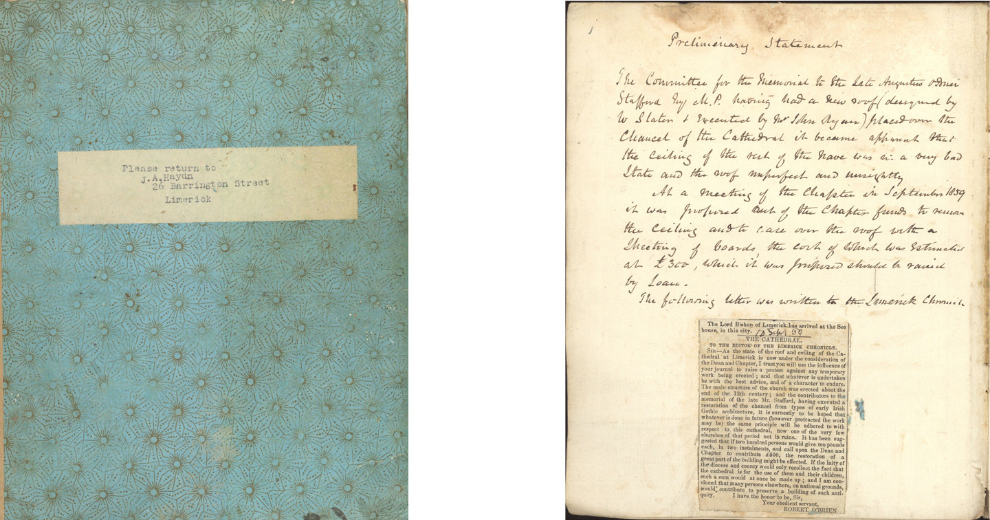 Left: Cover of the volume assembled by a certain John Armour Haydn, RCB Library, Ms 1048. Right: The preliminary statement outlining the rationale for the renovation works commencing in 1859, as contained on page 1 of RCB Library Ms 1048.
