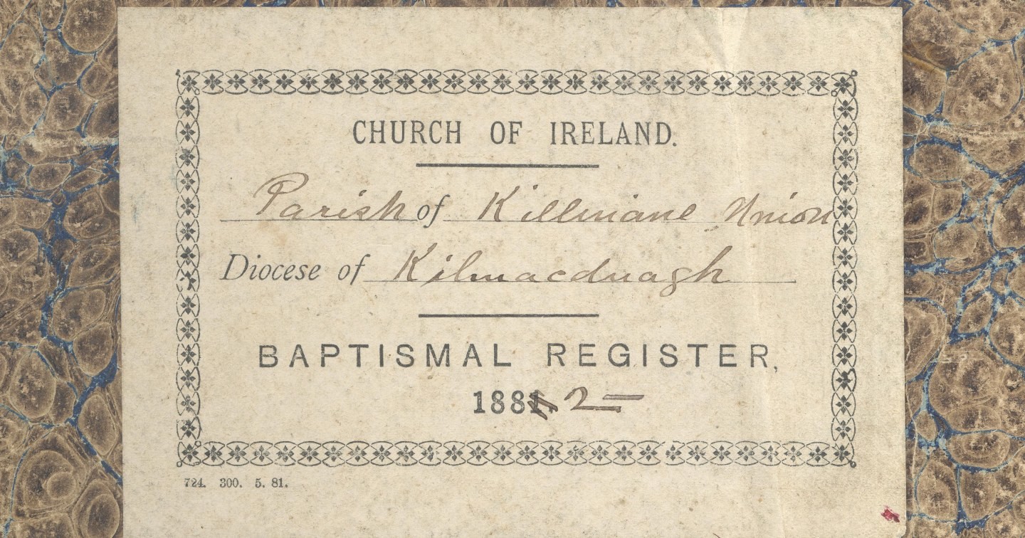 Cover label from the register of baptisms, Killinane parish, RCB Library P959/2/1
Archive of the Month – June 2016