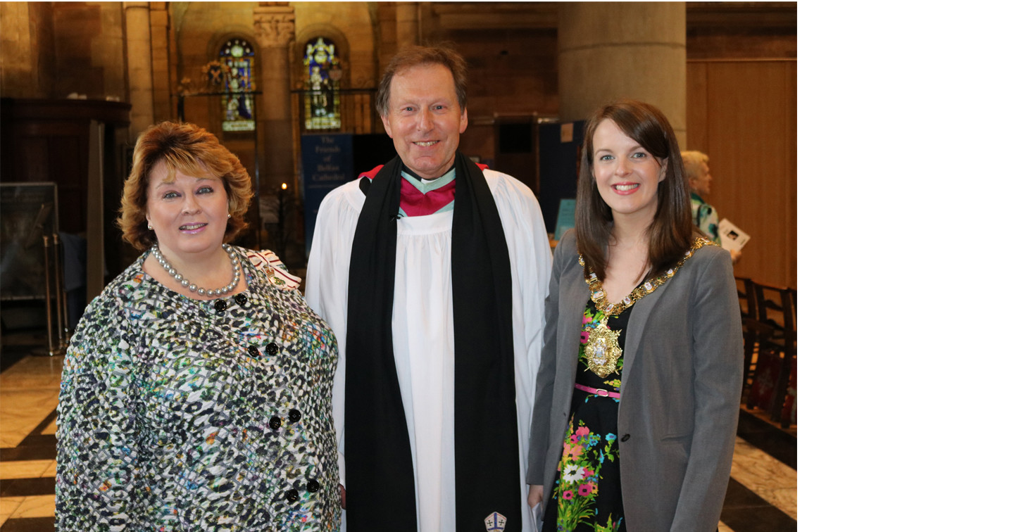 At the Farewell Choral Evensong for the Very Rev John Mann and Mrs Helen Mann are, from left: Her Majesty’s Lord Lieutenant for Belfast, Mrs Fionnuala Jay–O’Boyle, Dean John Mann, and Lord Mayor of Belfast, Councillor Nuala McAllister.