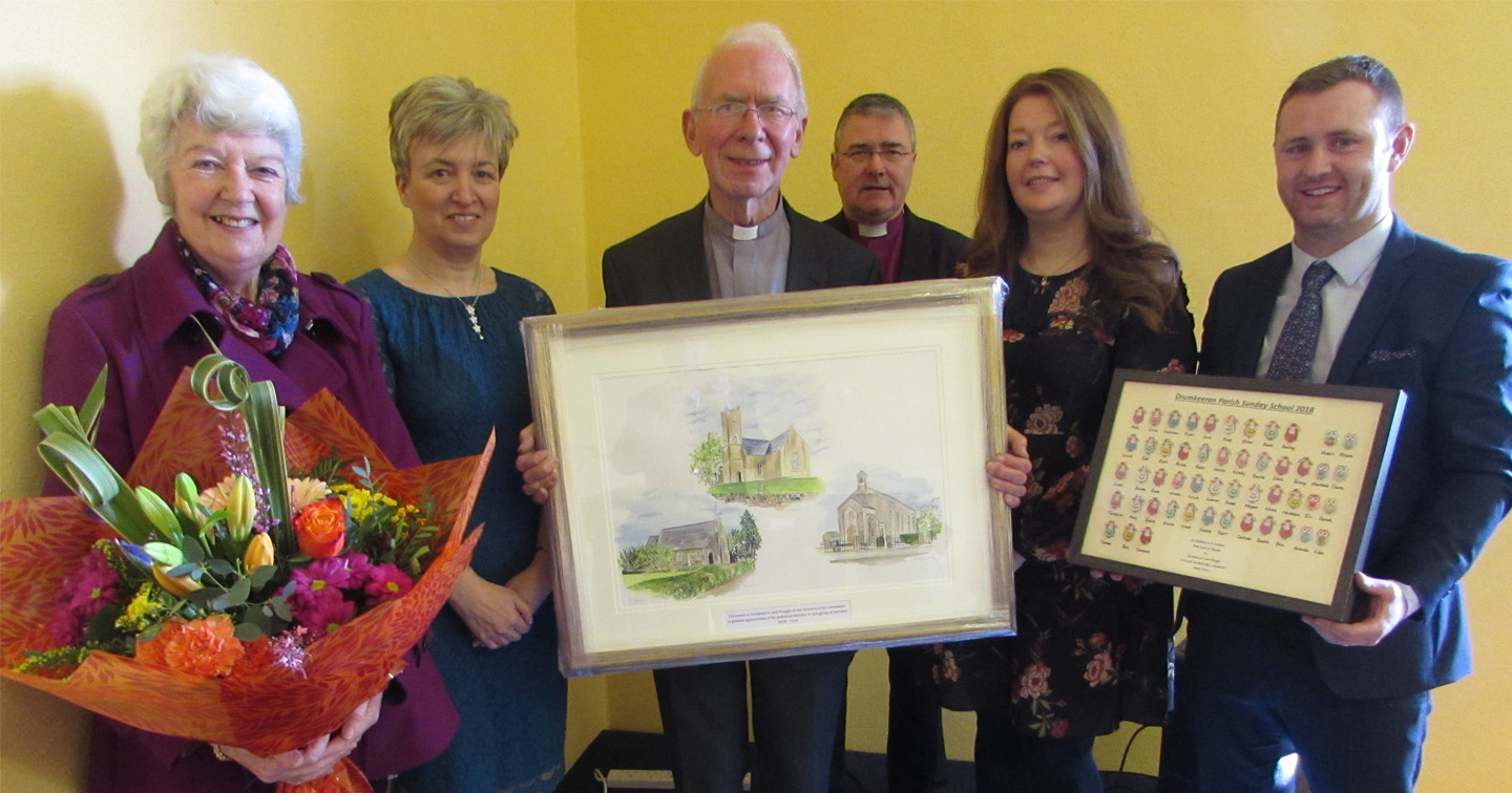 Archdeacon Cecil Pringle with gifts received to mark his retirement from ministry at Drumkeeran Parish Church on Sunday, 25 February, with (from left) Hilary Pringle, and those who paid tribute during the presentation; Catherine Fitzpatrick, Bishop John McDowell, Lisa Thompson and William Lowry.