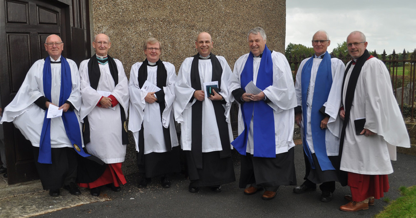 The service of thanksgiving on the 350th anniversary of the consecration of Middle Church, Ballinderry. From left: Mr Jim Neill (Lay Reader); the Rev Canon Ernest Harris (preacher); the Rev Nicholas Dark, Rural Dean; the Rev Trevor Cleland, rector; Mr John Quigley (Lay Reader); Mr Denis Fullerton (Lay Reader) and the Very Rev Geoff Wilson (Dromore Cathedral).