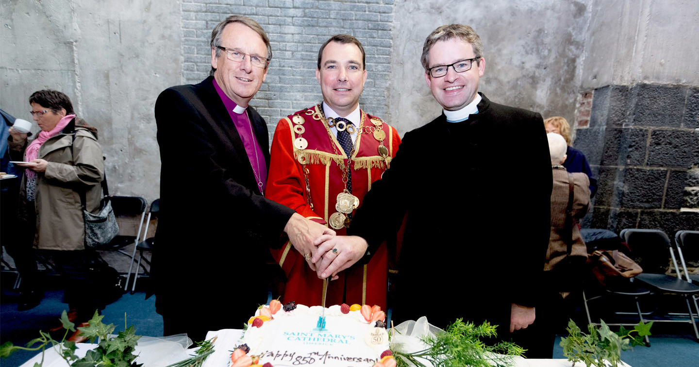 Bishop Kenneth Kearon, Mayor James Collins and Dean Niall Sloane marking the anniversary at a reception in Limerick City Council's nearby offices.