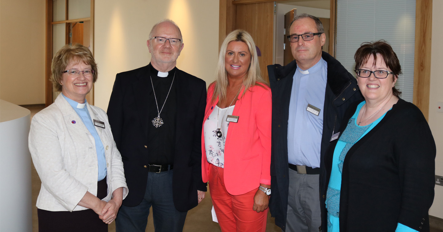 Archbishop Richard Clarke visiting the Northern Ireland Hospice in May 2016 with (from left) the Revd Caroline McAfee, Church of the Nazarene chaplain; Noreen Kennedy, Community Fundraising Manager; the Revd Canon William Taggart, Church of Ireland chaplain; and Loretta Gribbon, Director of Adult Services.