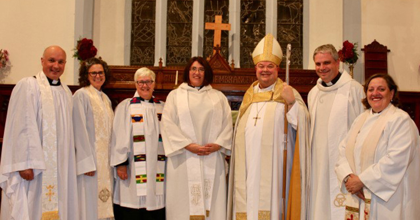 Pictured after the Service were (left to right) Archdeacon Adrian Wilkinson, the Reverend Sarah Marry (Bishop’s Chaplain), the Reverend Katharine Poulton (Preacher), the Very Reverend Susan Green, the Bishop, the Reverend David Bowles (Deacon at the Service), and the Reverend Elaine Murray (Bishop’s Chaplain).
