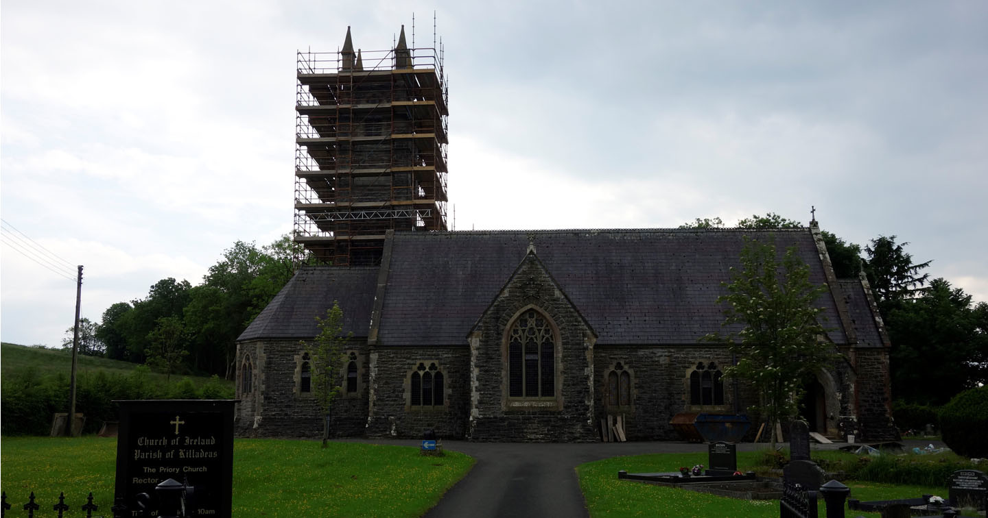 The Priory Church, Killadeas, with repair work being carried out to the tower.